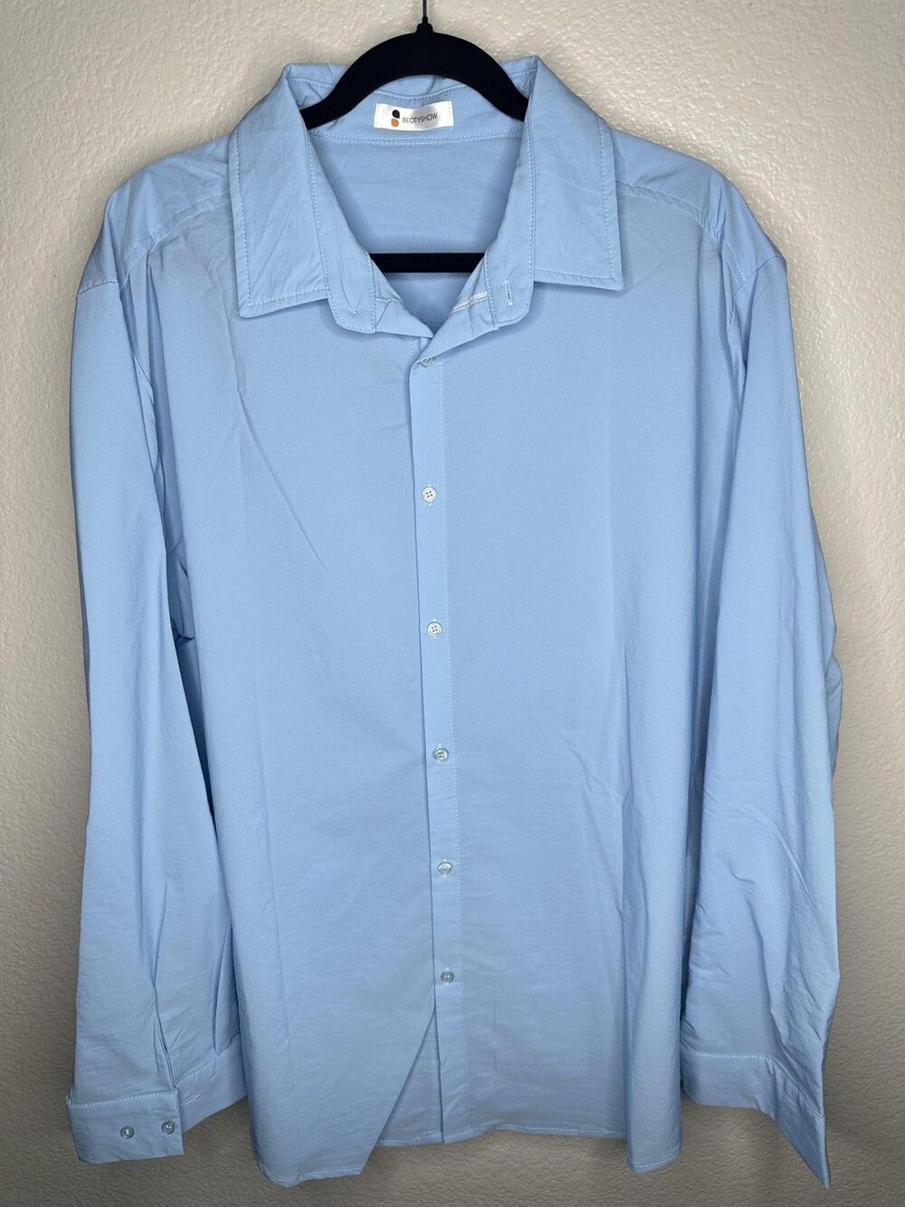 Beotyshow Shirt Mens 2XL Light Blue Button Front Long Sleeve Nylon Casual Dress